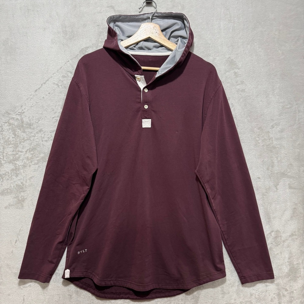 BYLT Basics Mens Henley‎ Hoodie Long Sleeve Maroon Burgundy Pullover Size L